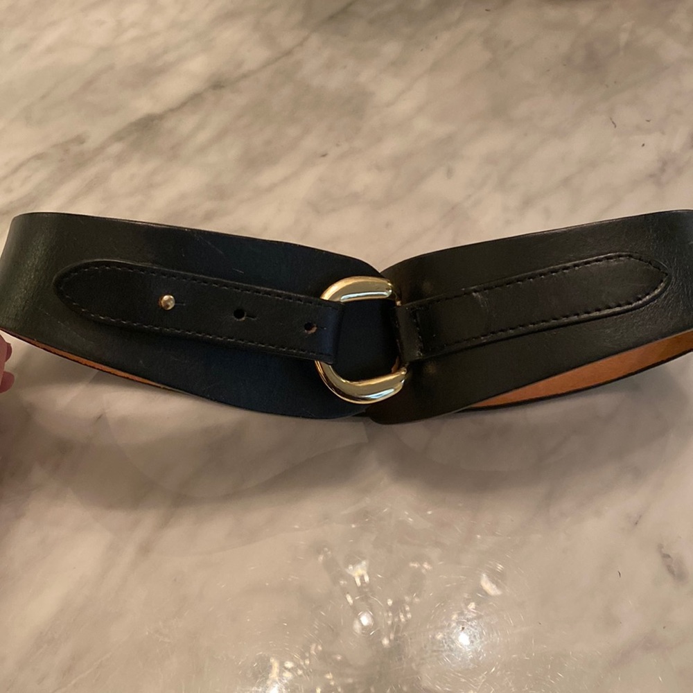 Rachel Pally Black Leather Belt with Gold Ring Buckle